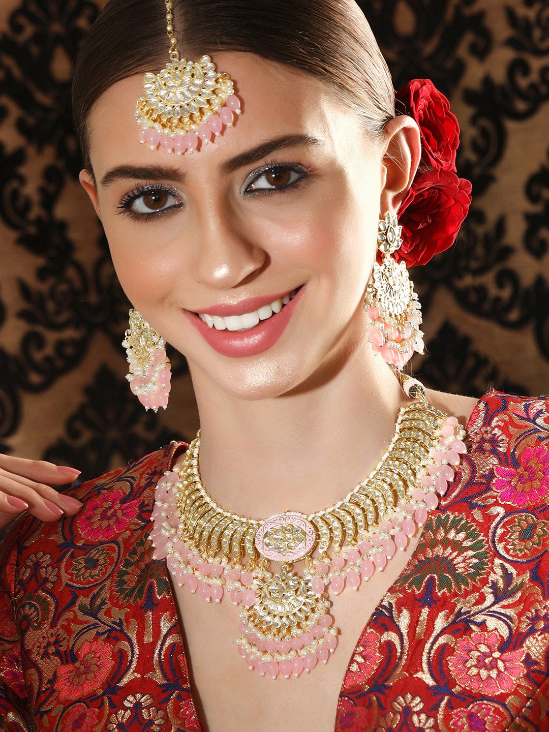 Rubans Gold Plated Fancy Kundan Set With Pink Beads. Necklace Set