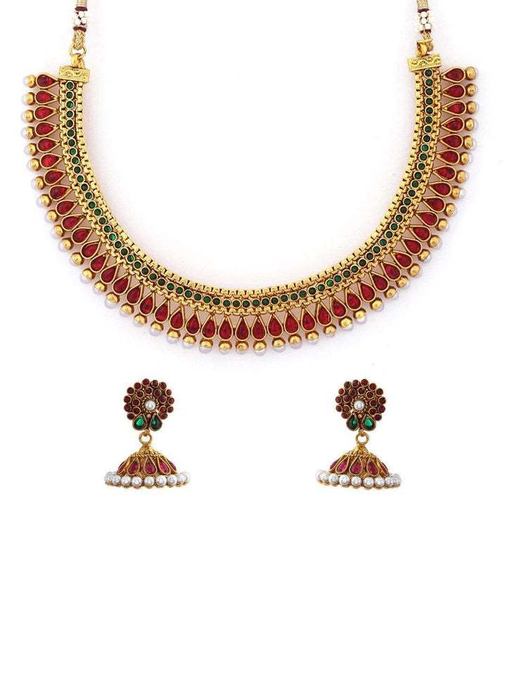 Rubans Gold Plated Faux Ruby And Emerald Necklace Set Necklace Set
