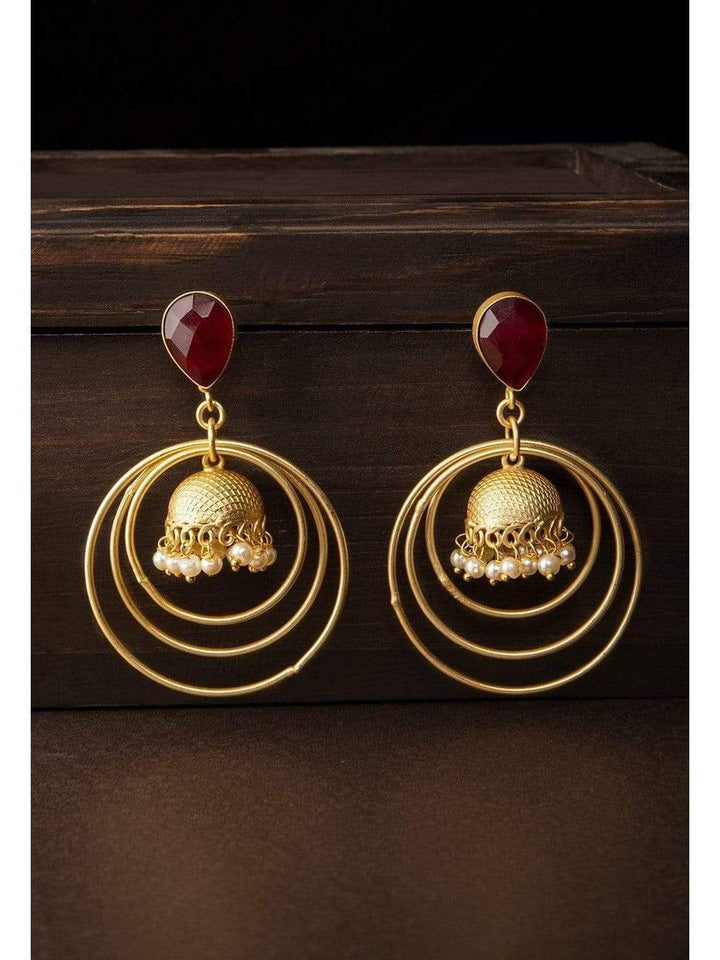 Rubans Gold Plated Faux Ruby Embellished And Pearls Studded Drop Earrings Earrings