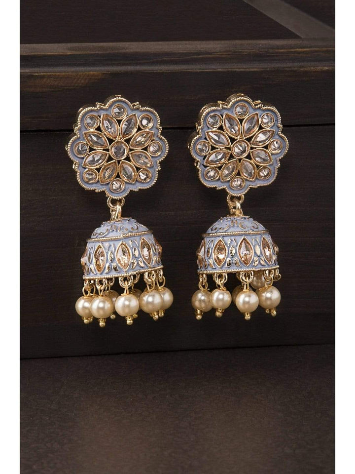 Rubans Gold Plated Grey Enamel AD Studded Pastel Statement Jhumka Earrings Earrings