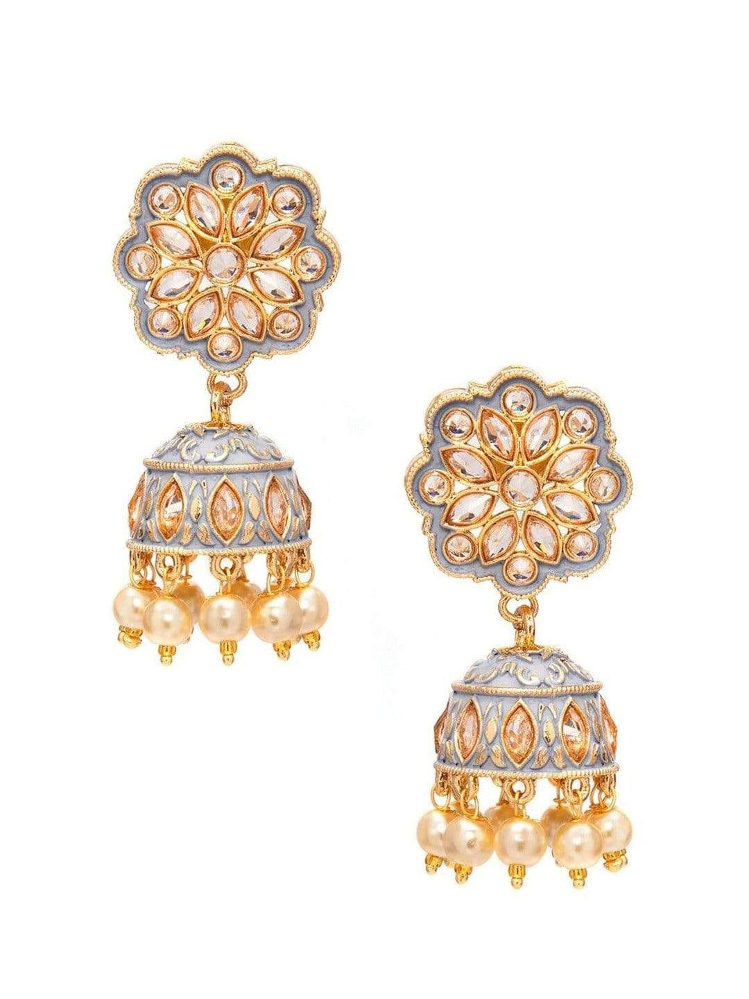 Rubans Gold Plated Grey Enamel AD Studded Pastel Statement Jhumka Earrings Earrings