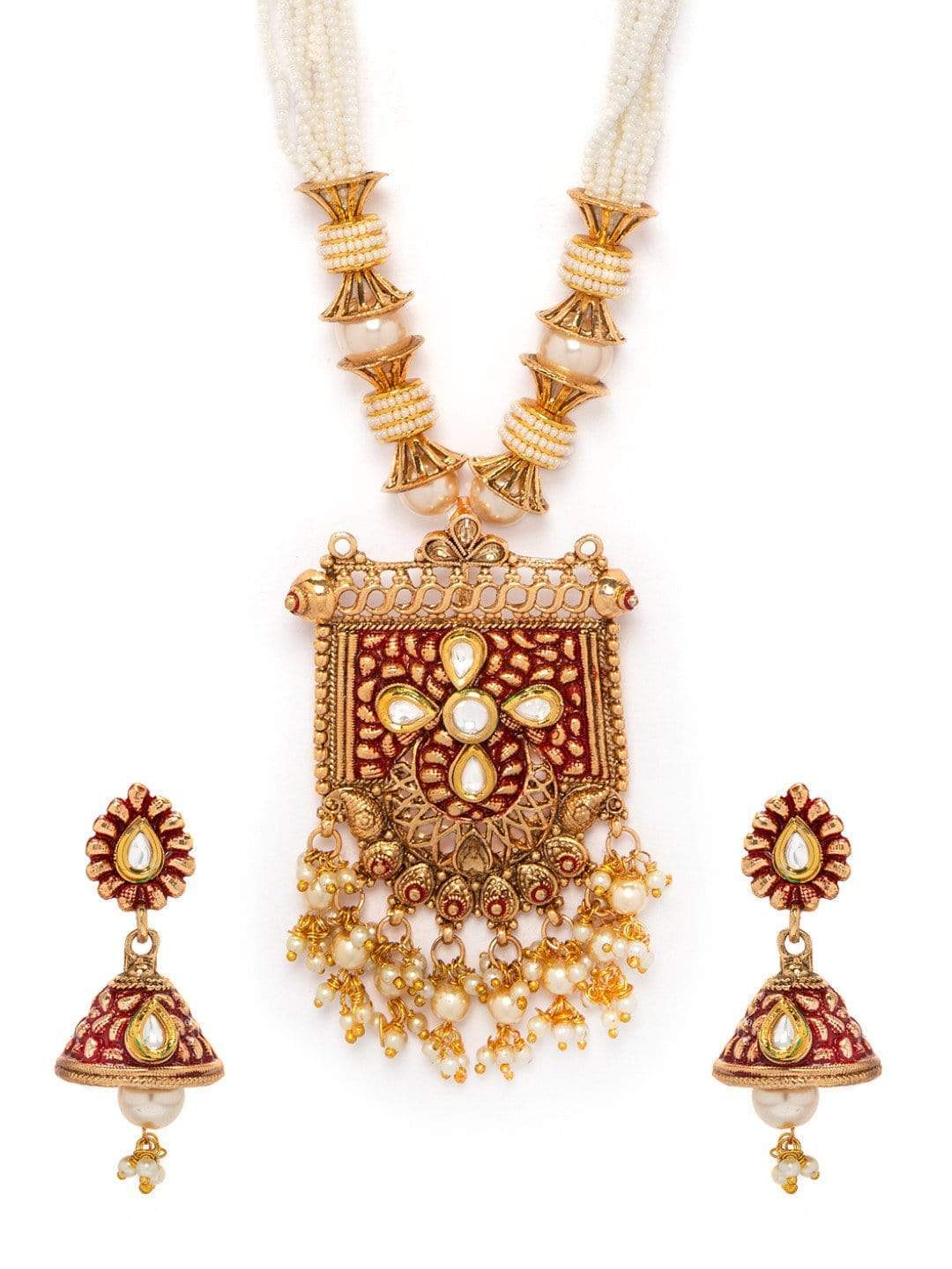 Rubans Gold Plated Hand Crafted Pearl Embellished Statement Necklace Set Necklace Set