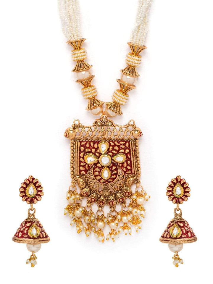 Rubans Gold Plated Hand Crafted Pearl Embellished Statement Necklace Set Necklace Set