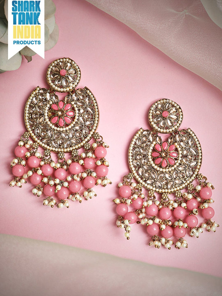 Rubans Gold Plated Handcrafted AD Studded & Pink Beads Chandbali Earrings Earrings