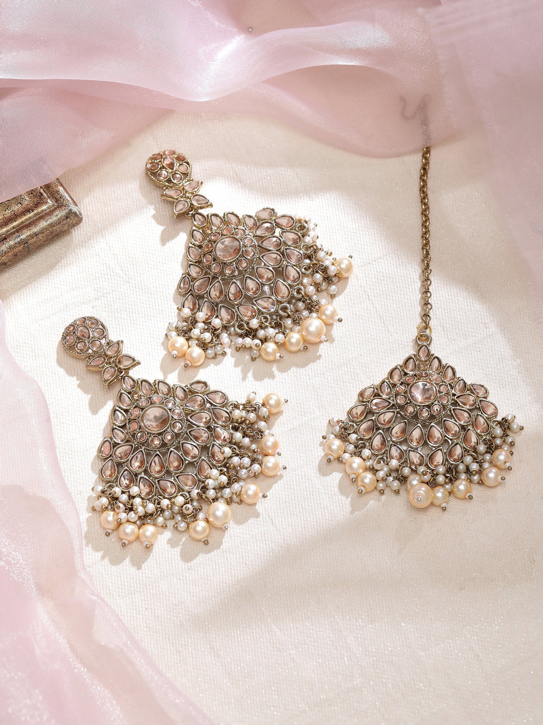 Rubans Gold Plated Handcrafted AD Studded with Beads Earrings & Maangtikka Set Earrings & mangtika set