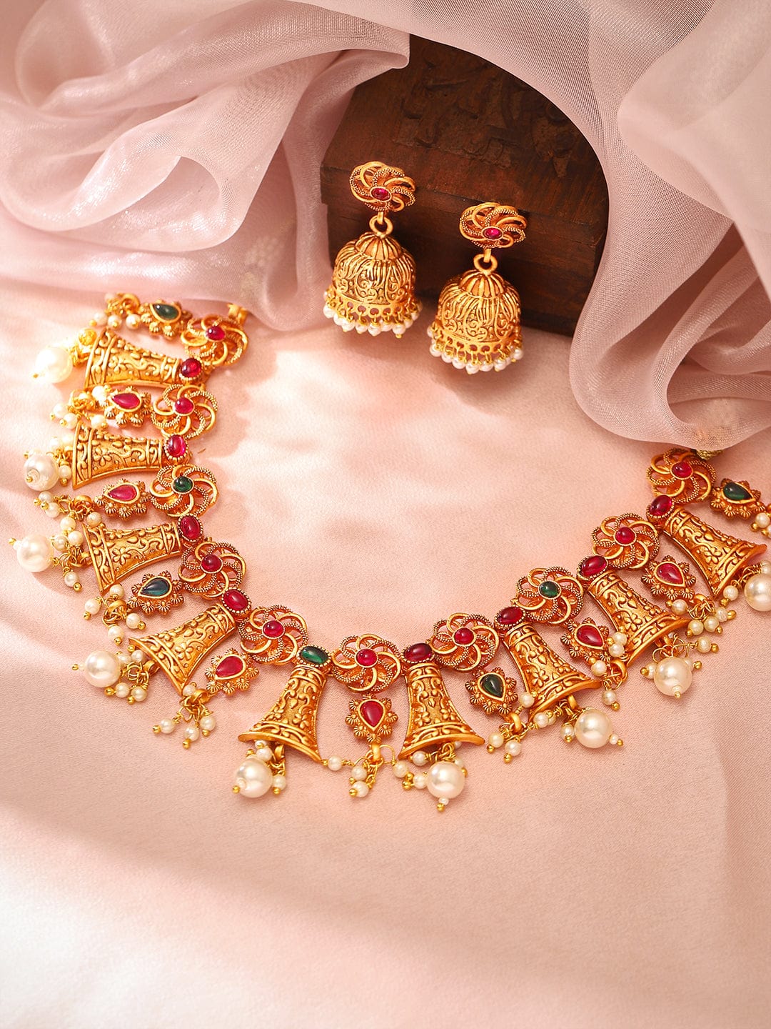 Rubans Gold Plated Handcrafted Color Stone Necklace Set Necklace Set