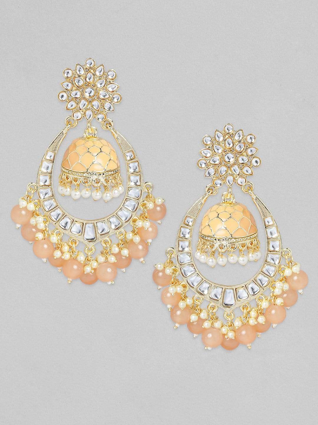 Rubans Gold Plated Handcrafted Kundan & Orange Beads Chandbali Jhumka Earrings Earrings