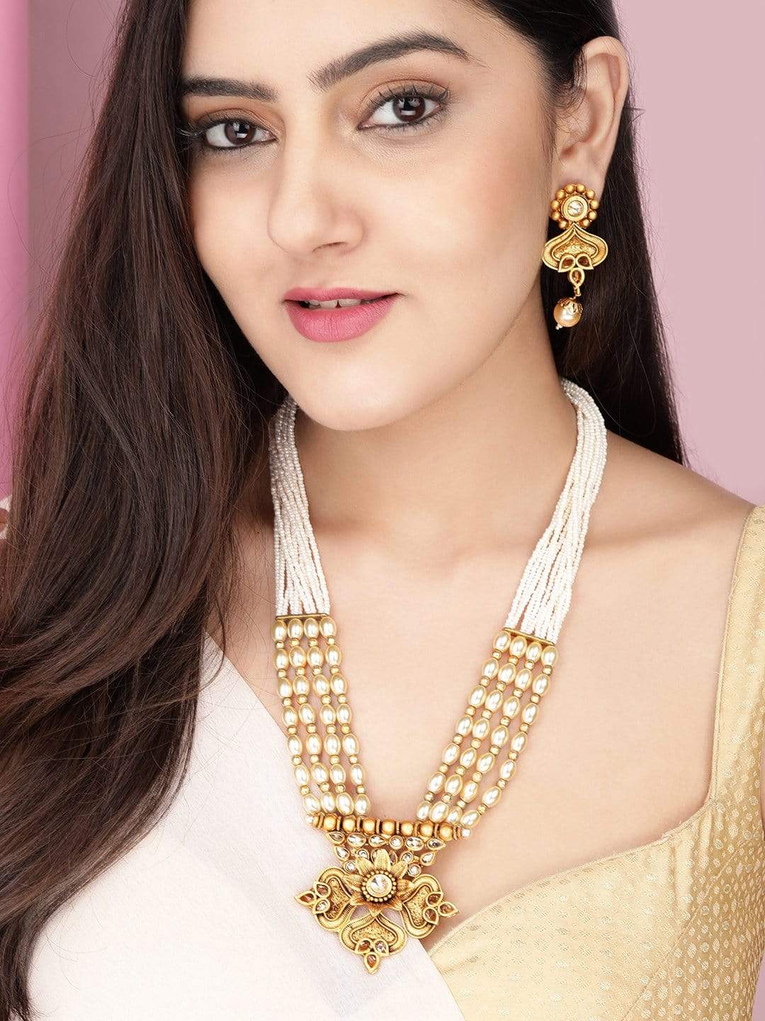 Rubans Gold Plated Handcrafted Kundan & white Beads Necklace Set Necklace Set