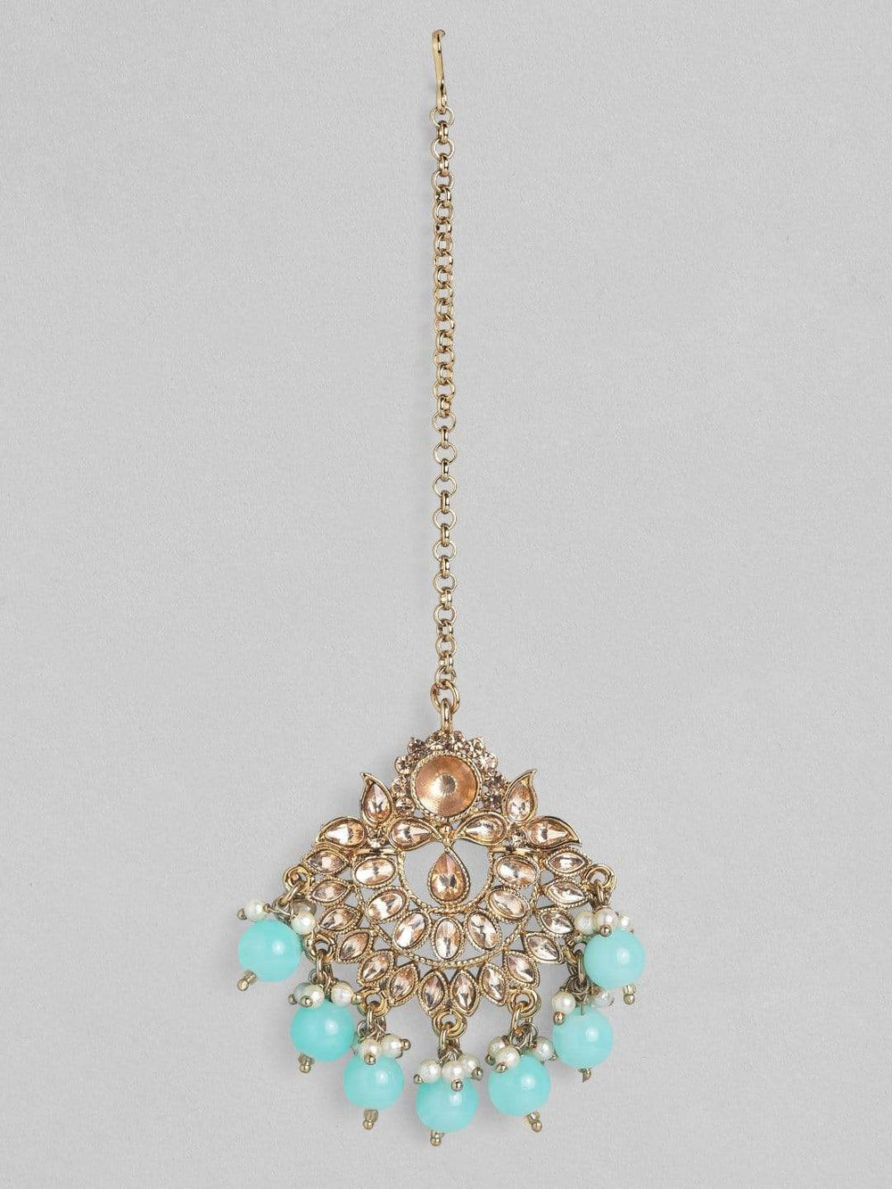 Rubans Gold Plated Handcrafted Kundan with Sky Blue Beads Maang Tikka Maang Tikka