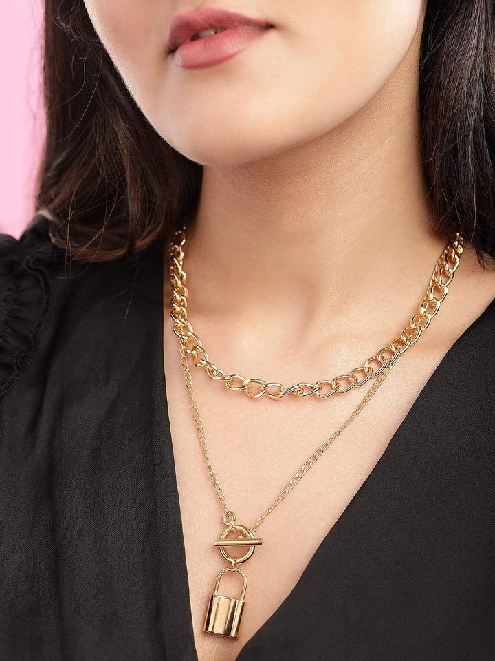 Rubans Gold Plated Handcrafted Lock Layered Necklace Chain & Necklaces