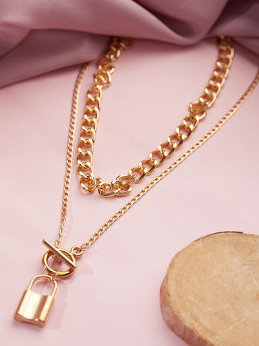 Rubans Gold Plated Handcrafted Lock Layered Necklace Chain & Necklaces