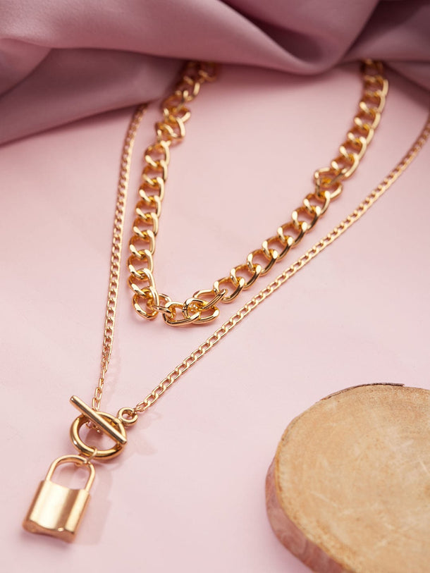 Rubans Gold Plated Handcrafted Lock Layered Necklace Chain & Necklaces