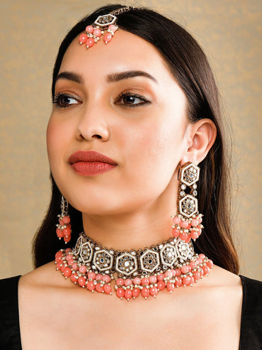 Rubans Gold Plated Handcrafted Mirror Pink Beaded Necklace Set Necklace Set