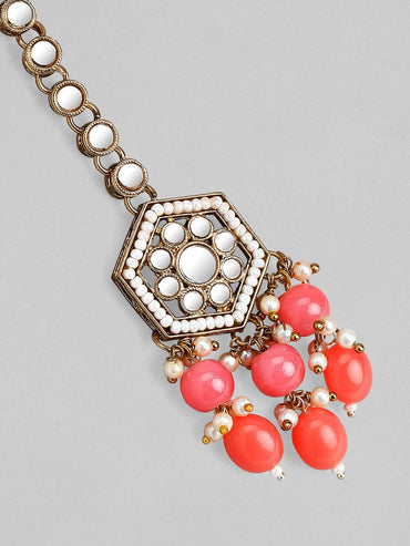 Rubans Gold Plated Handcrafted Mirror Pink Beaded Necklace Set Necklace Set