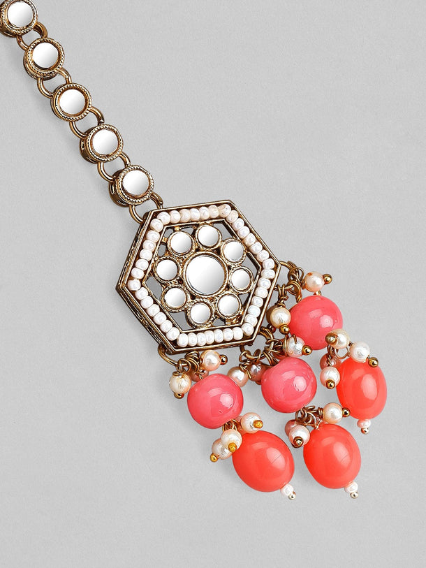 Rubans Gold Plated Handcrafted Mirror Pink Beaded Necklace Set Necklace Set