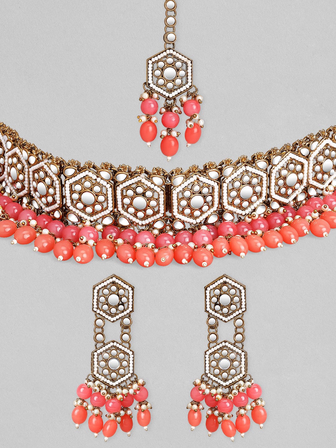 Rubans Gold Plated Handcrafted Mirror Pink Beaded Necklace Set Necklace Set