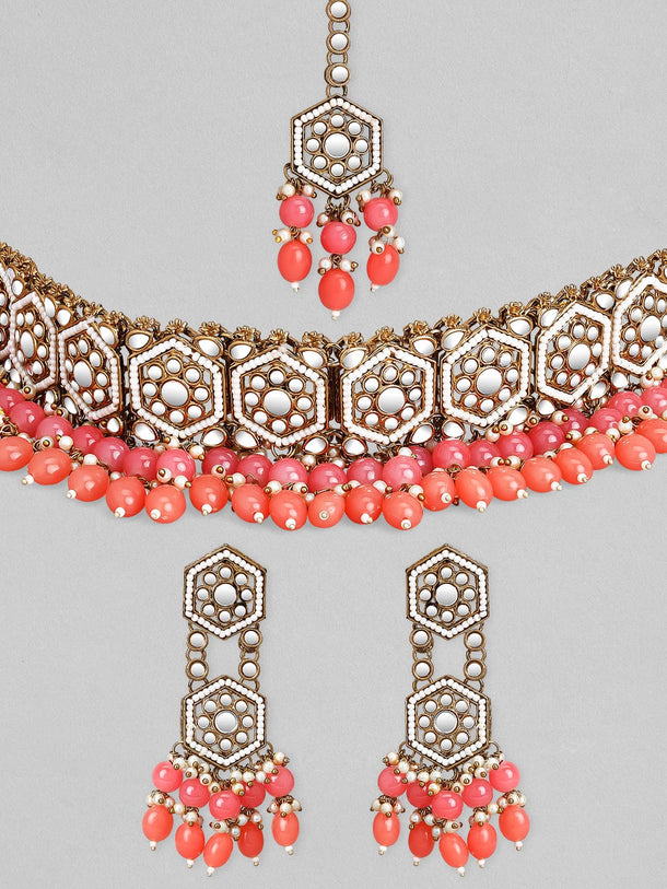 Rubans Gold Plated Handcrafted Mirror Pink Beaded Necklace Set Necklace Set
