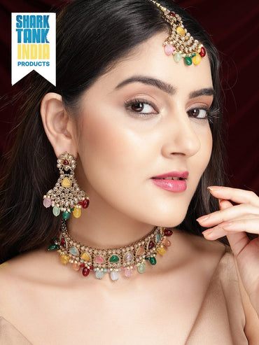 Rubans Gold Plated Handcrafted Multicolored Beads Necklace Set Necklace Set