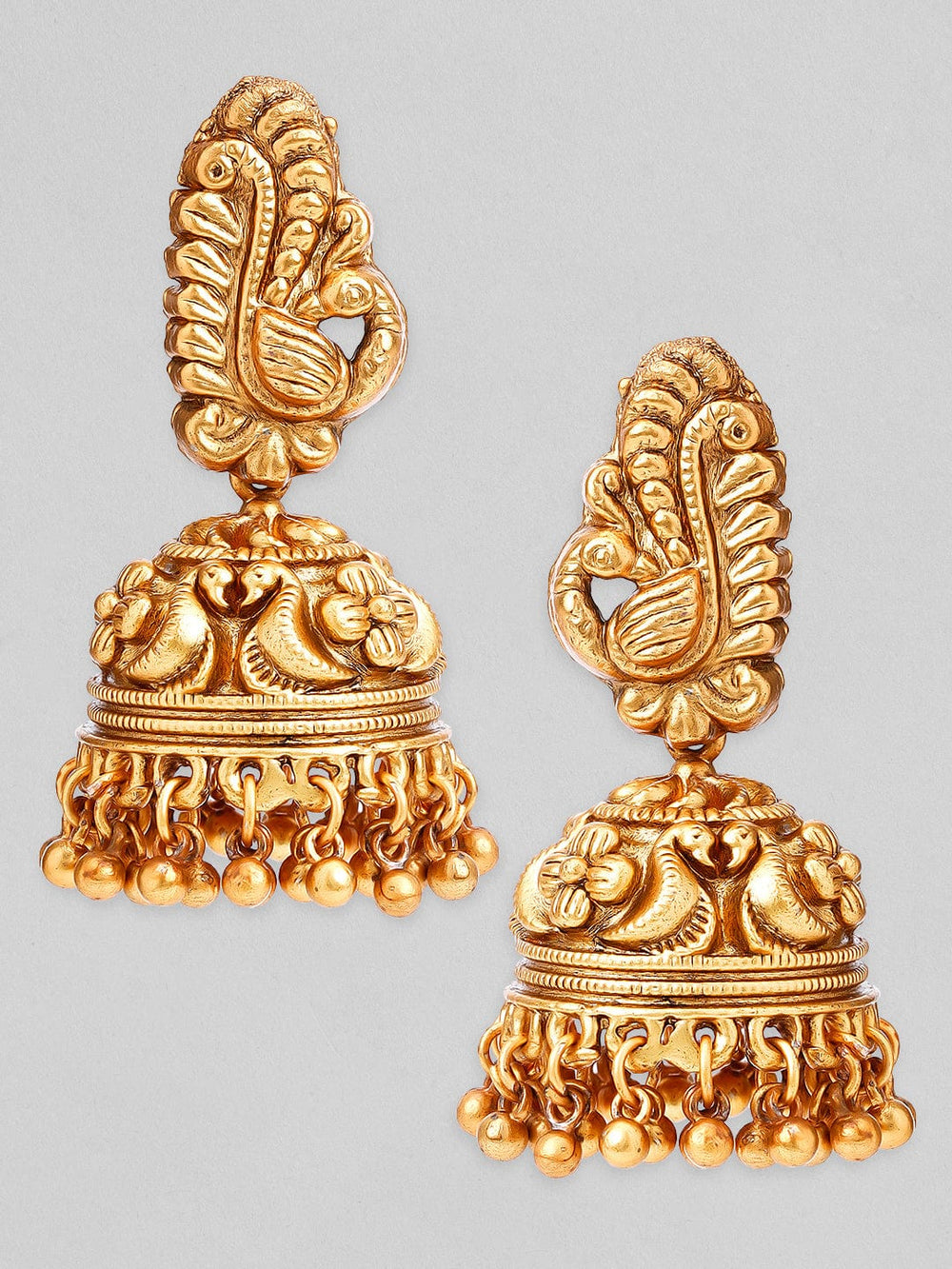 Rubans Gold Plated Handcrafted Peacock Shaped Ghungroo Jhumka Earrings. Earrings