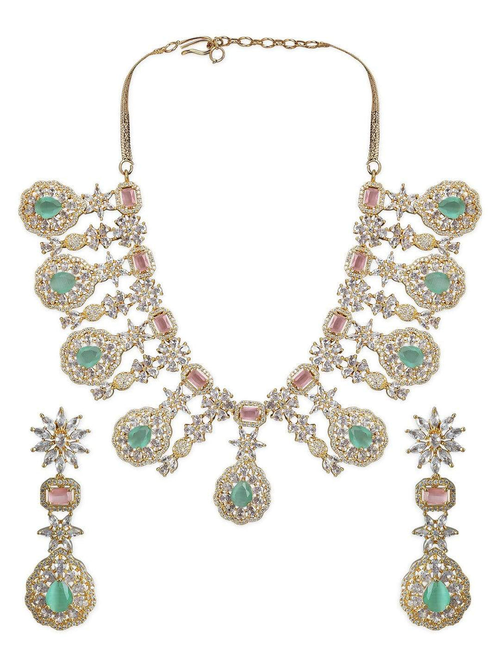 Rubans Gold Plated Handcrafted Pink & Green AD Studded Necklace Set. Necklace Set