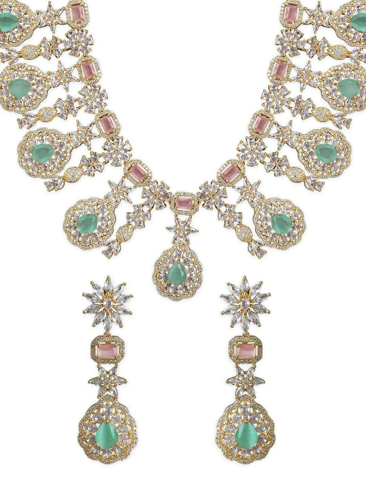 Rubans Gold Plated Handcrafted Pink & Green AD Studded Necklace Set. Necklace Set