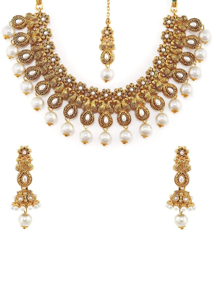 Rubans Gold Plated Handcrafted Traditional Stone Studded Necklace Set With Maang Tikka Necklace Set