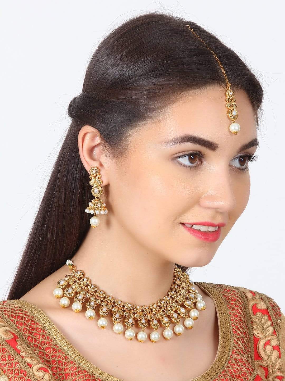 Rubans Gold Plated Handcrafted Traditional Stone Studded Necklace Set With Maang Tikka Necklace Set