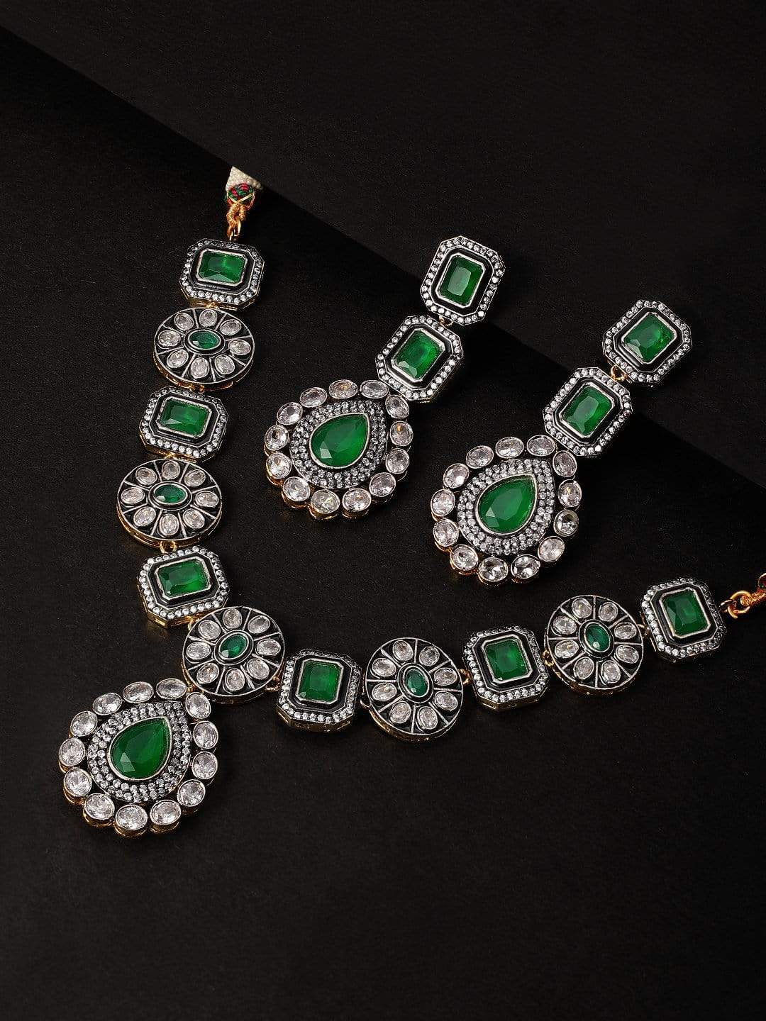 Rubans Gold Plated Handcrafted Vintage CZ Studded Faux Emerald Embellished Statement Necklace Set Necklace Set