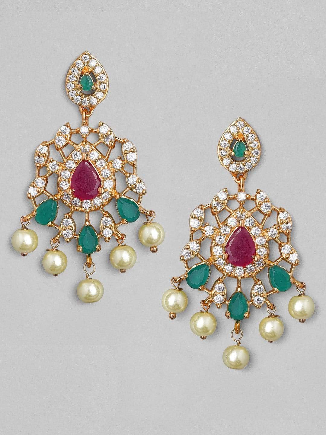Rubans Gold Plated Handcrafted Zircon Stone & Emerald with Perals Drop Earrings Earrings