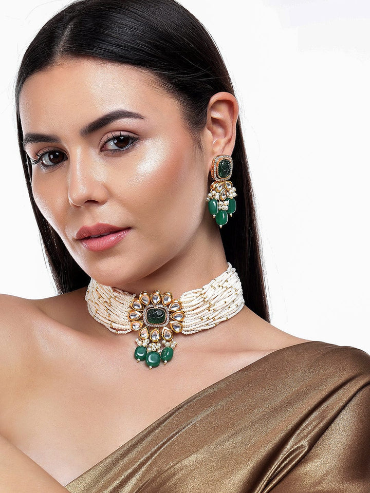 Rubans Gold Plated Kundan Choker Set With Green Stones And White Beads Necklace Set