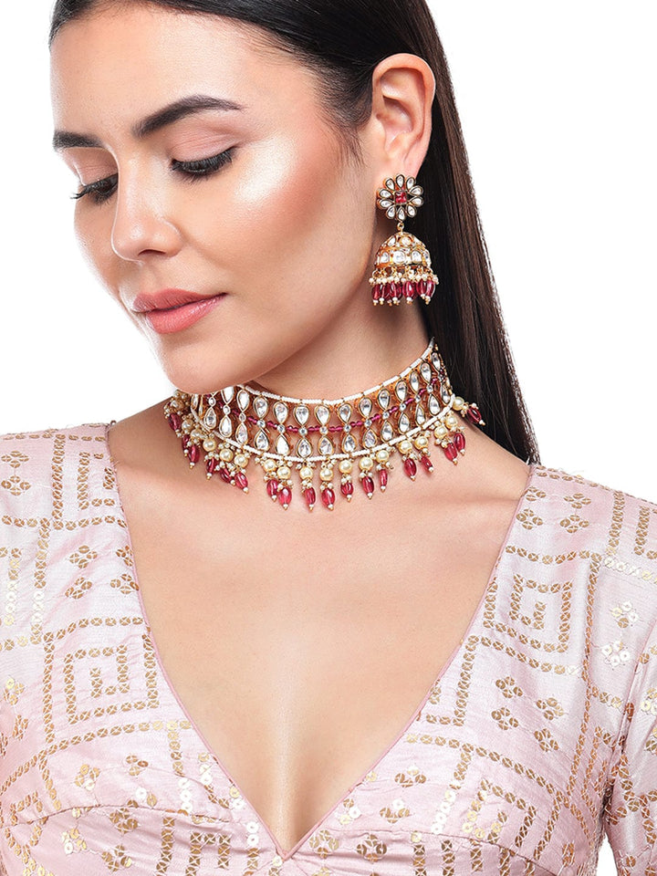 Rubans Gold Plated Kundan Choker Set With Pink Beads And Pearls Necklace Set