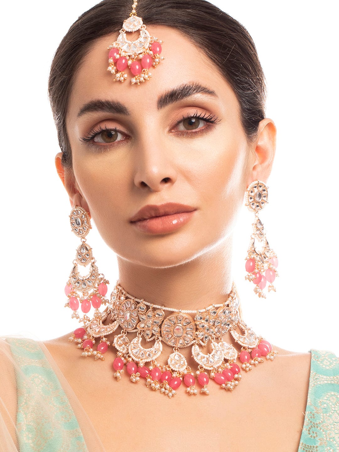 Rubans Gold Plated Kundan Choker Set With Pink Colour Beads And Pearls. Necklace Set