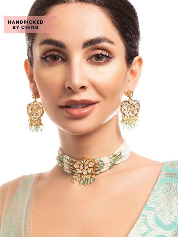 Rubans Gold Plated Kundan Choker Set With White And Mint Green Beads Necklace Set
