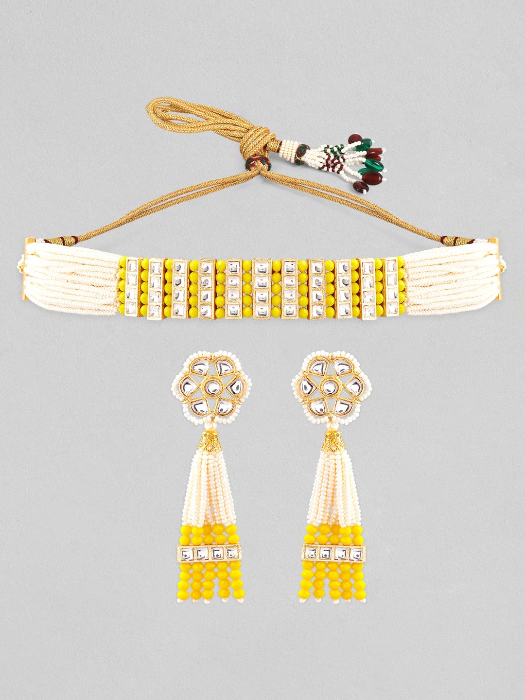 Rubans Gold Plated Kundan Choker Set With White And Yellow Beads choker set