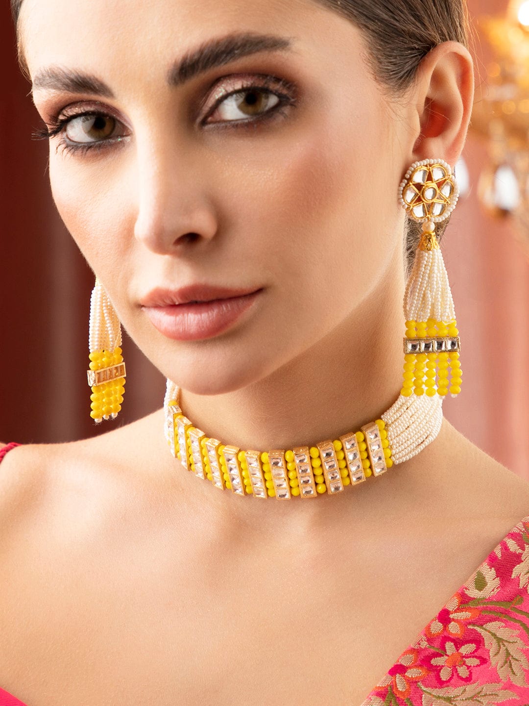 Rubans Gold Plated Kundan Choker Set With White And Yellow Beads Necklace Set