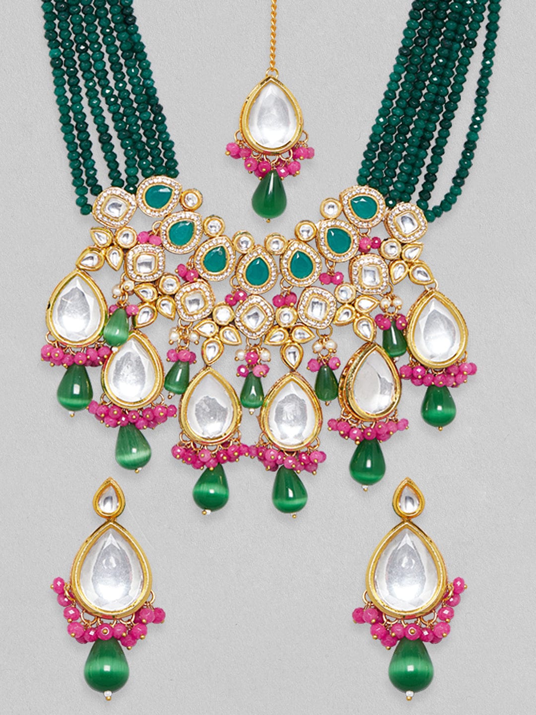 Rubans Gold Plated Kundan Necklace Set Pink And Green Stones And Beads Necklace Set