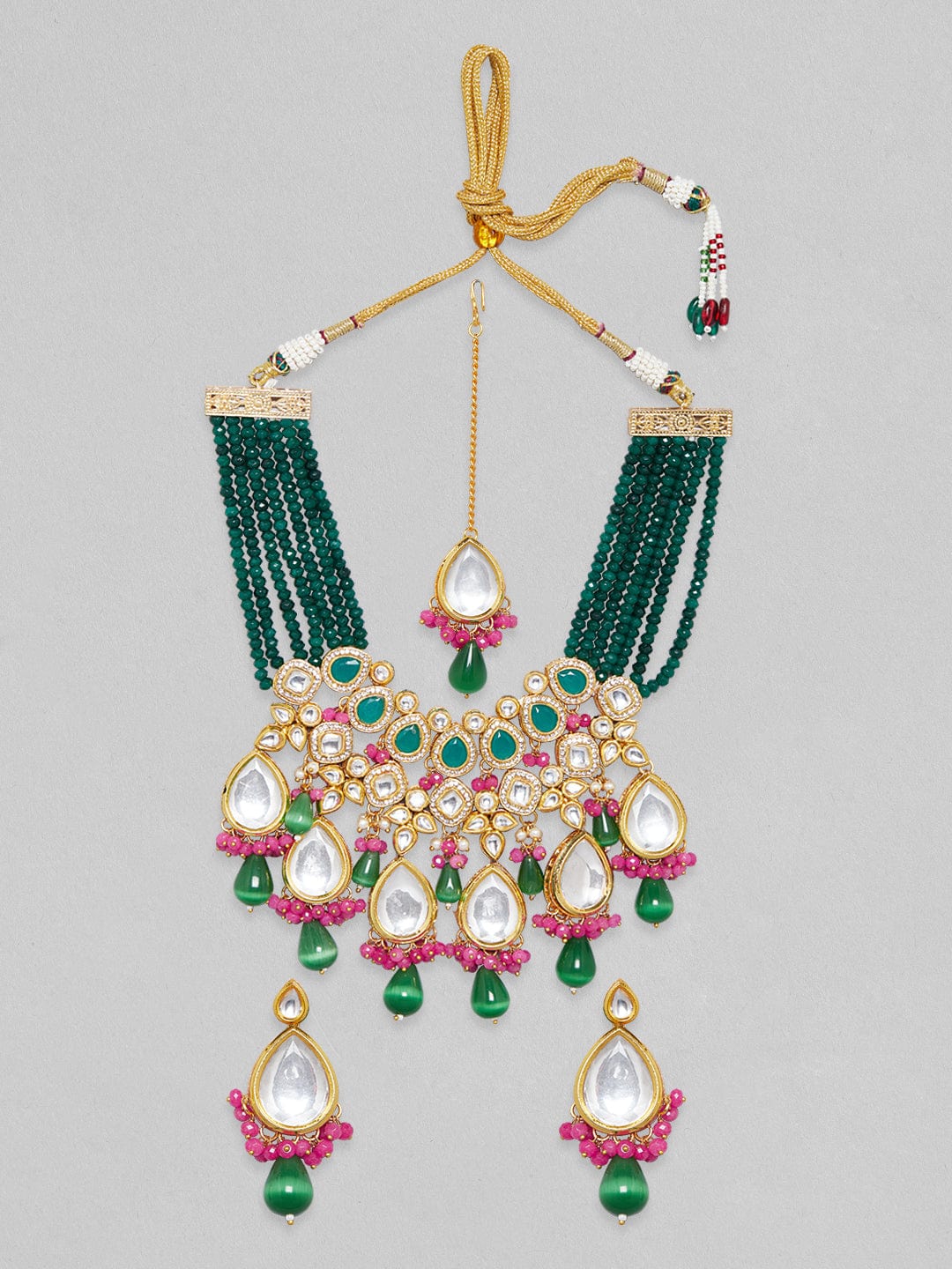 Rubans Gold Plated Kundan Necklace Set Pink And Green Stones And Beads Necklace Set