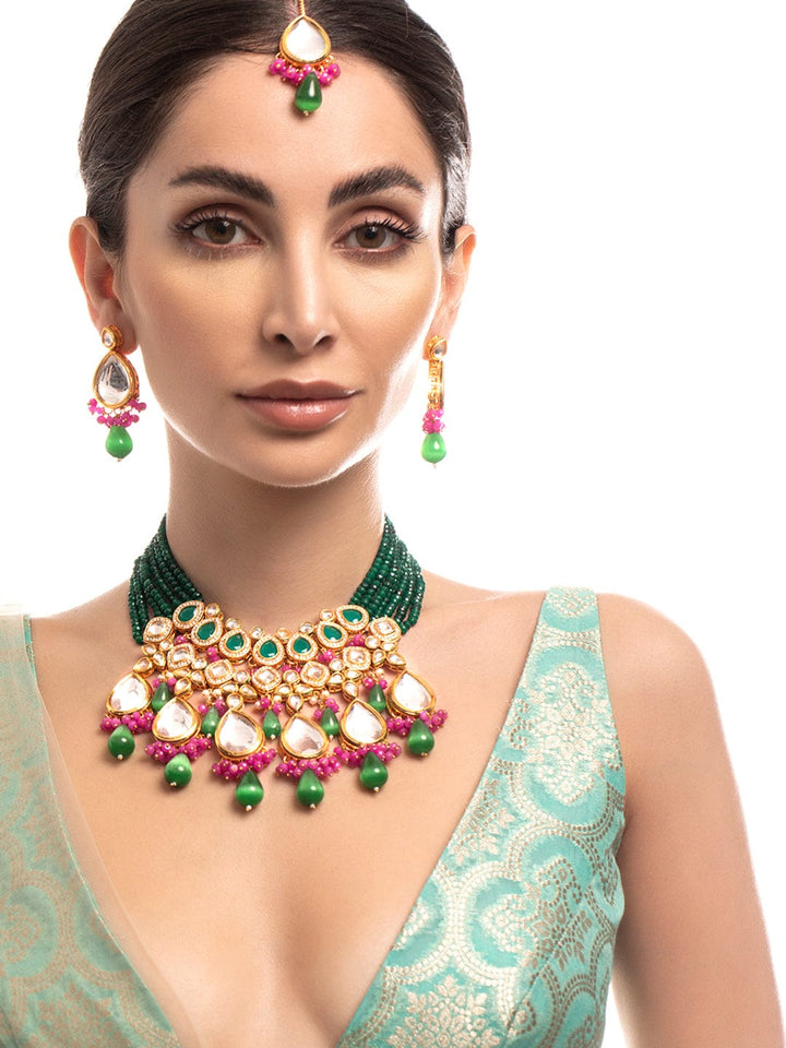 Rubans Gold Plated Kundan Necklace Set Pink And Green Stones And Beads Necklace Set