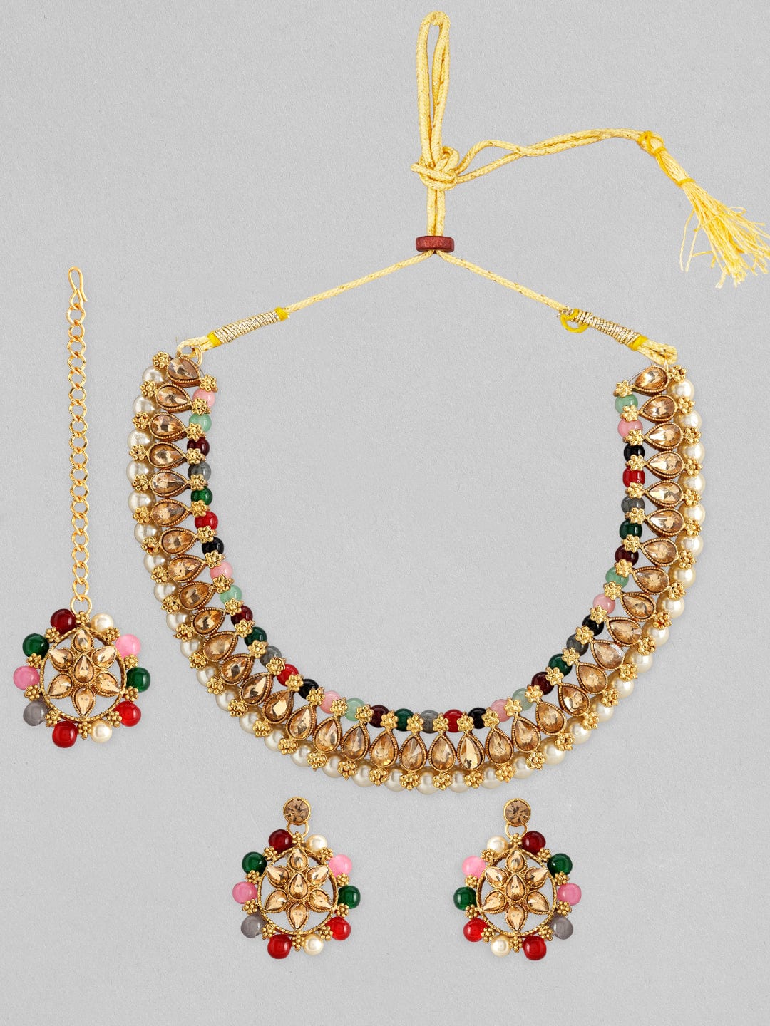 Rubans Gold Plated Kundan Necklace Set With Multicolour Beads Necklace Set