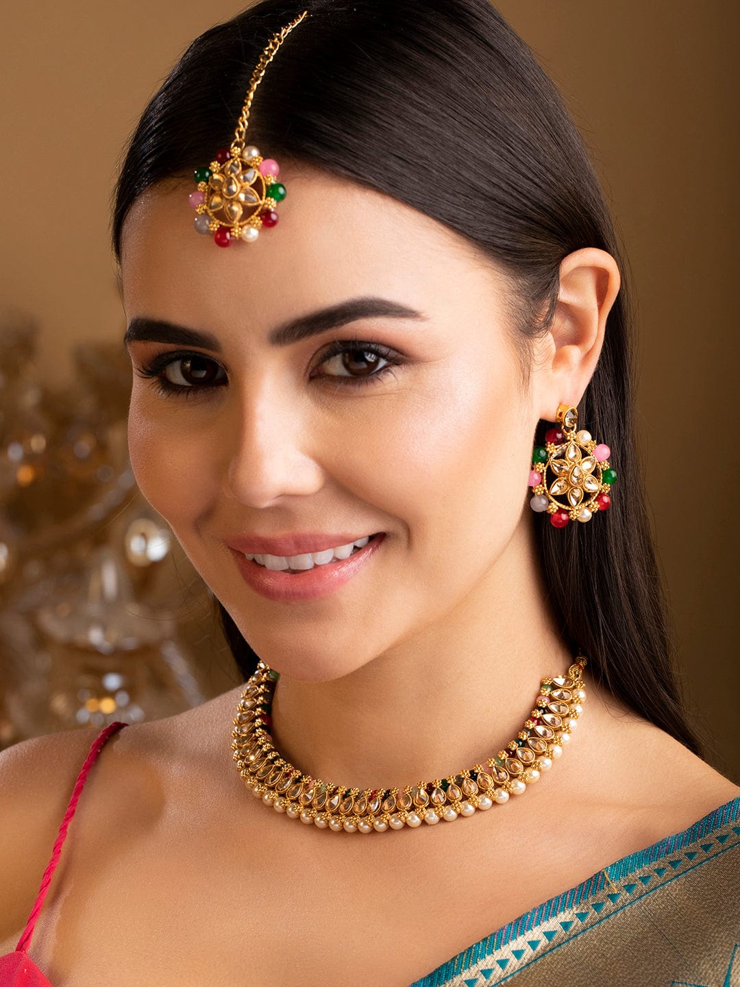 Rubans Gold Plated Kundan Necklace Set With Multicolour Beads Necklace Set