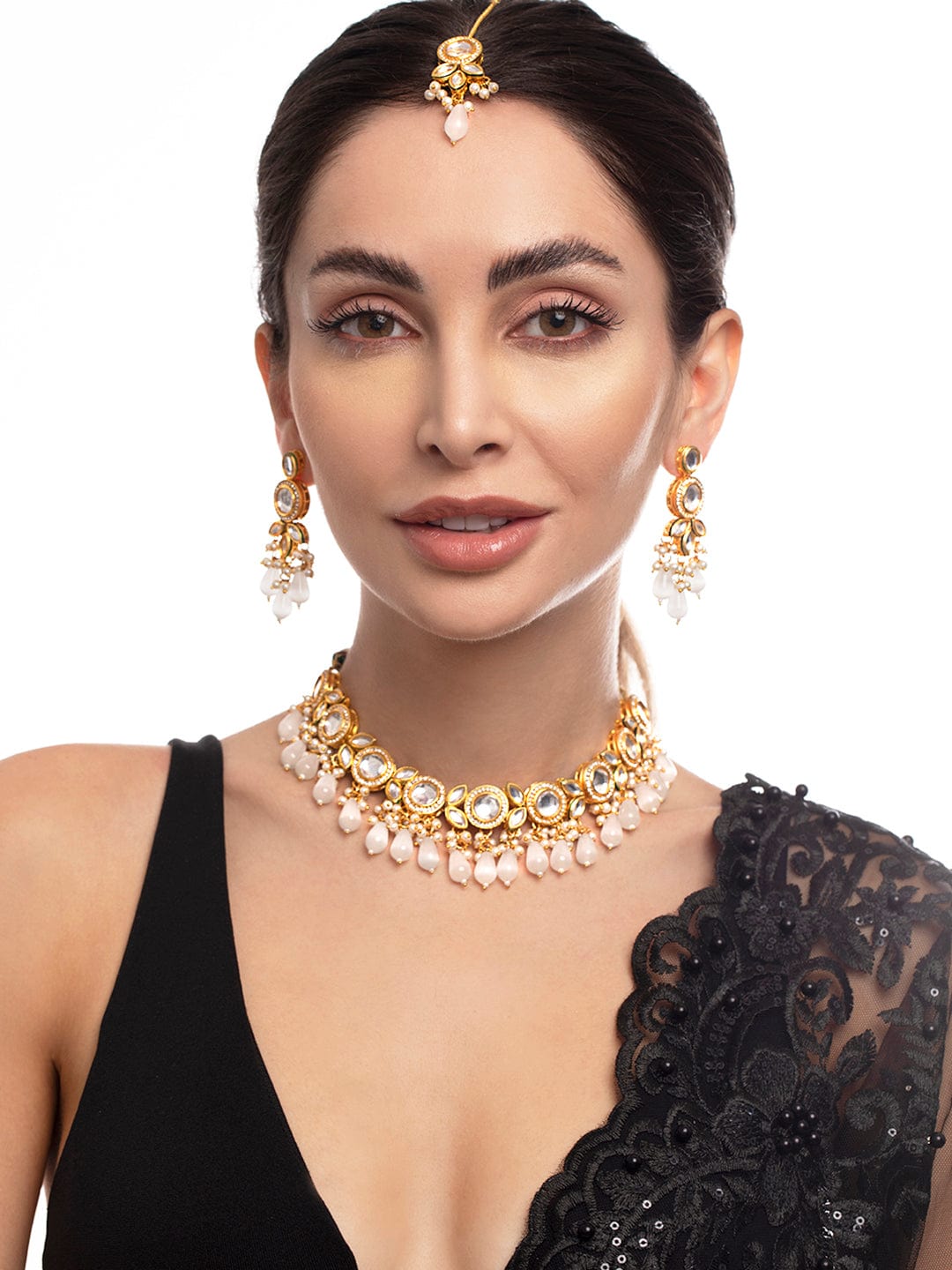 Rubans Gold Plated Kundan Necklace Set With Off White Colour Beads Necklace Set