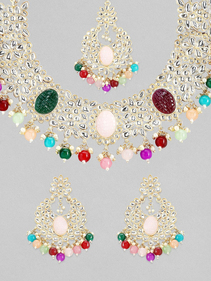 Rubans Gold Plated Kundan Studded Necklace Set With Multicolour Beads Necklace Set