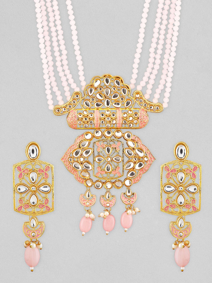Rubans Gold Plated Kundan Studded Necklace With Pastel Pink Beads. Necklace Set