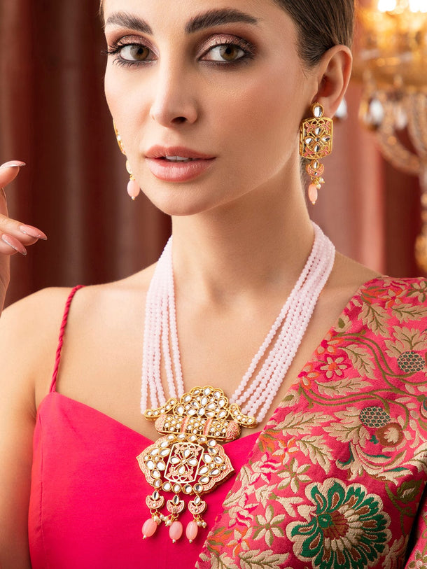 Rubans Gold Plated Kundan Studded Necklace With Pastel Pink Beads. Necklace Set