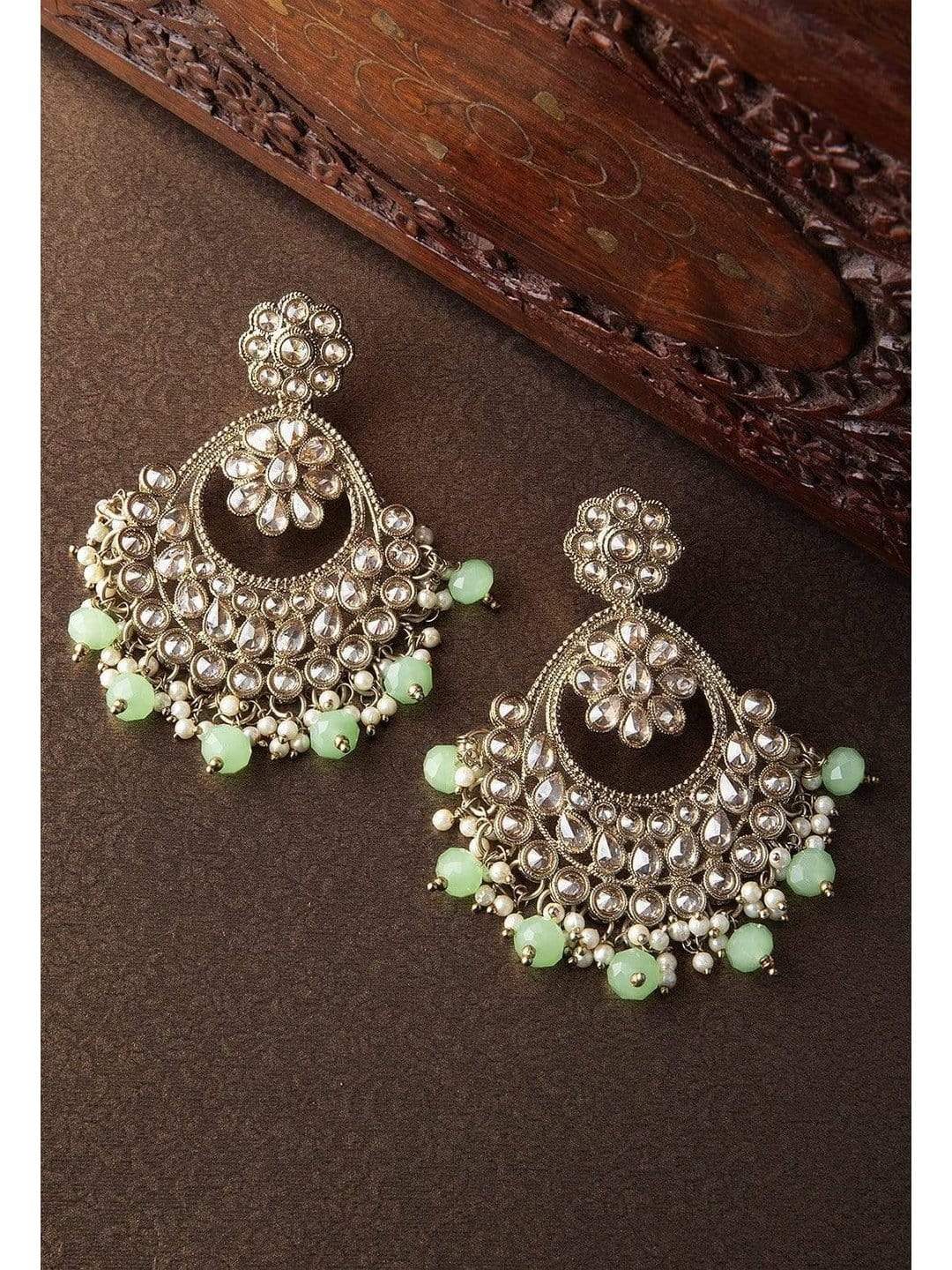 Rubans Gold Plated Kundan Studded Pastel Green Color Beads Embellished Statement Chandbali Earrings Earrings