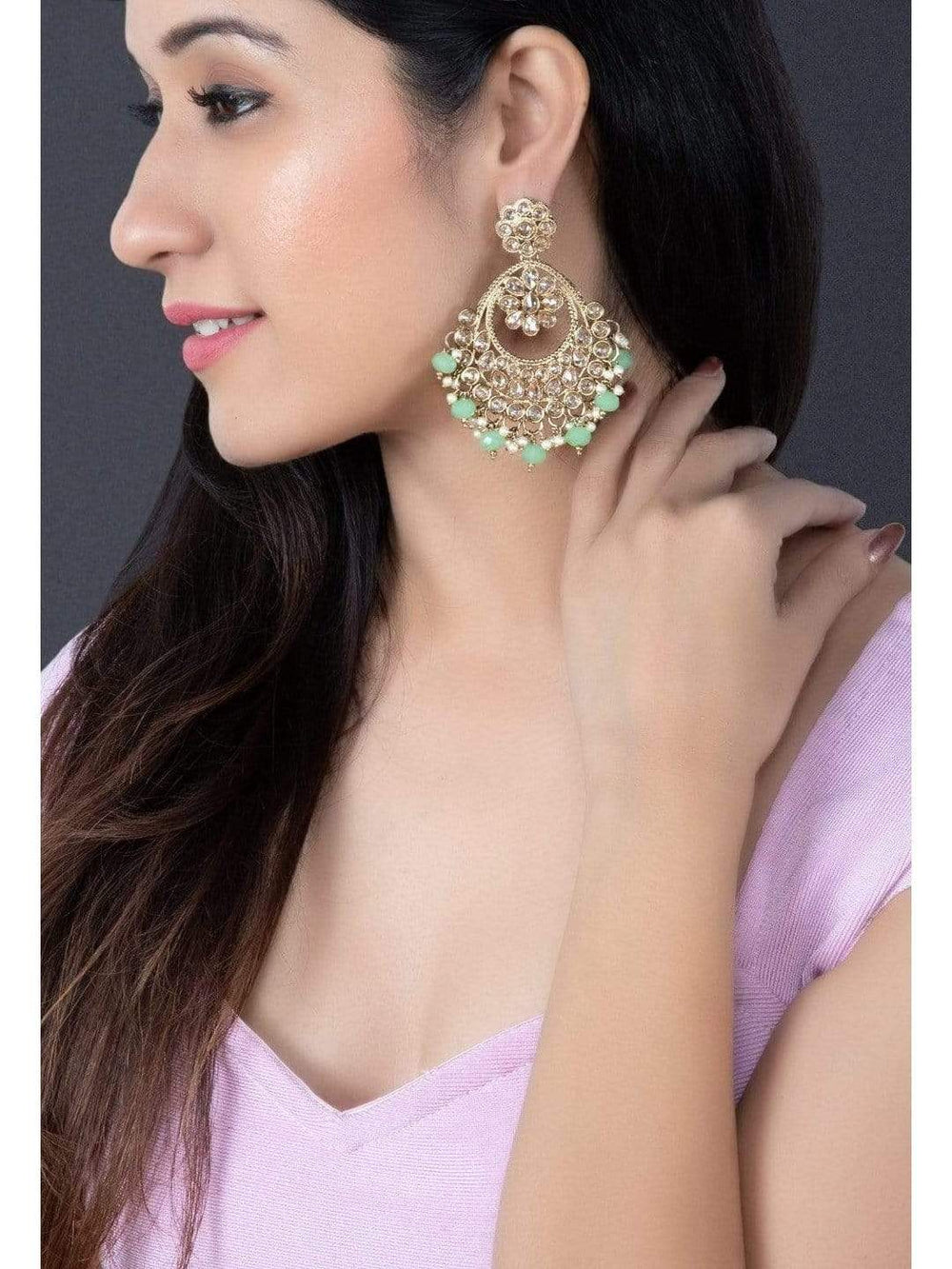 Rubans Gold Plated Kundan Studded Pastel Green Color Beads Embellished Statement Chandbali Earrings Earrings