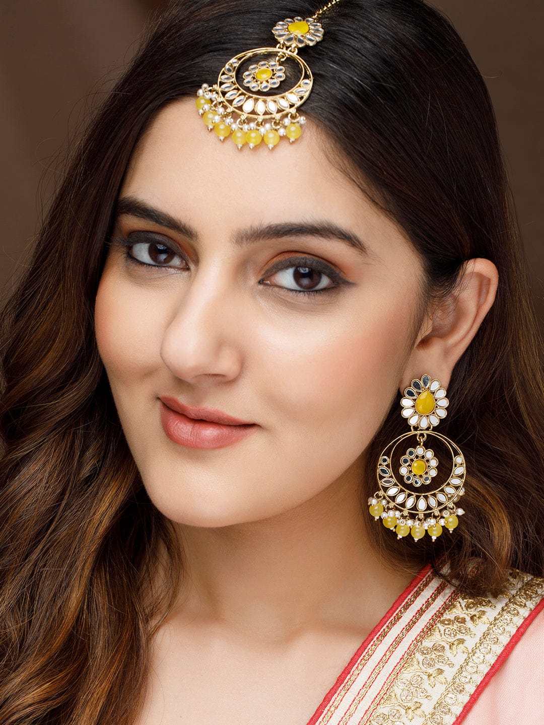 Rubans Gold Plated Mangtikka And Earring Set With Yellow Stones And Beads Jewelry Sets