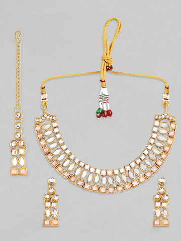 Rubans Gold Plated Necklace Set With Studded Mirror Design And Pink Stones Necklace Set