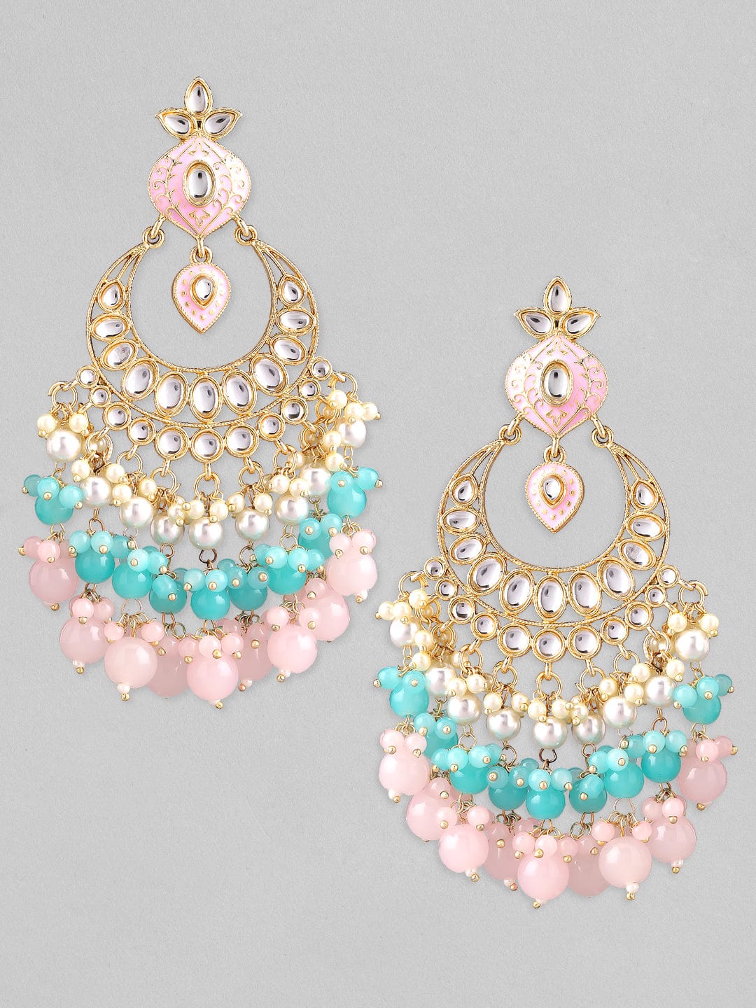 Rubans Gold Plated Pastel Color Chandbali Earrings With Pink Enamel And Beads. Earrings
