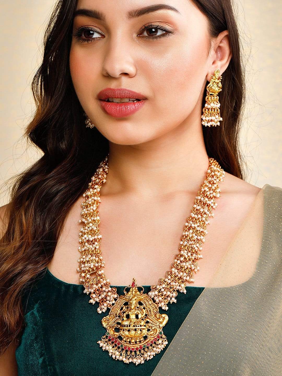 Rubans Gold Plated Pearl Hangings Laxshmi Pendant Necklace Set.